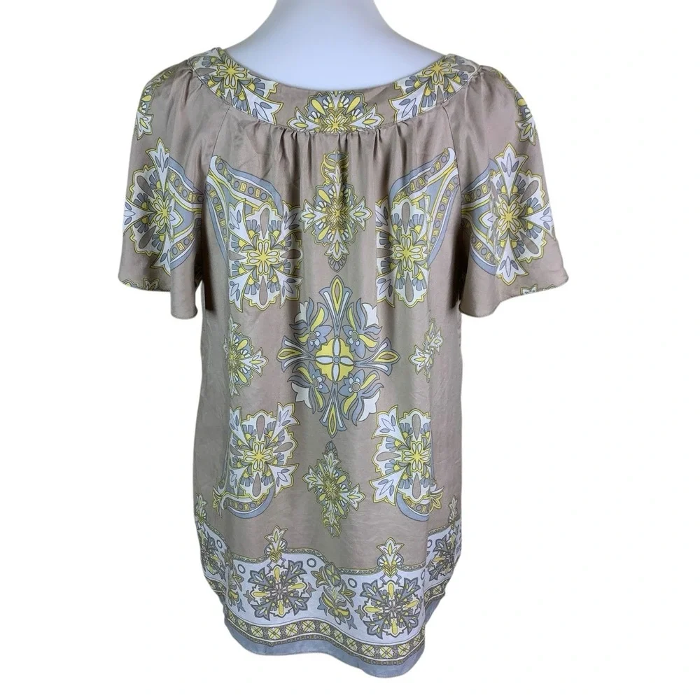 Michael Michael Kors‎ Silk Boho Floral Blouse L Beige Yellow Silk